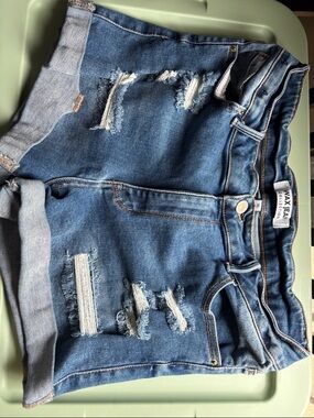 Wax Jean Mid rise Blue Distressed Roll-Cuff Denim Shorts